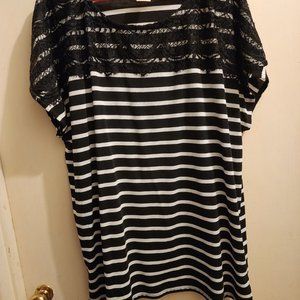 Faded Glory Black & White striped tunic embellished with lace